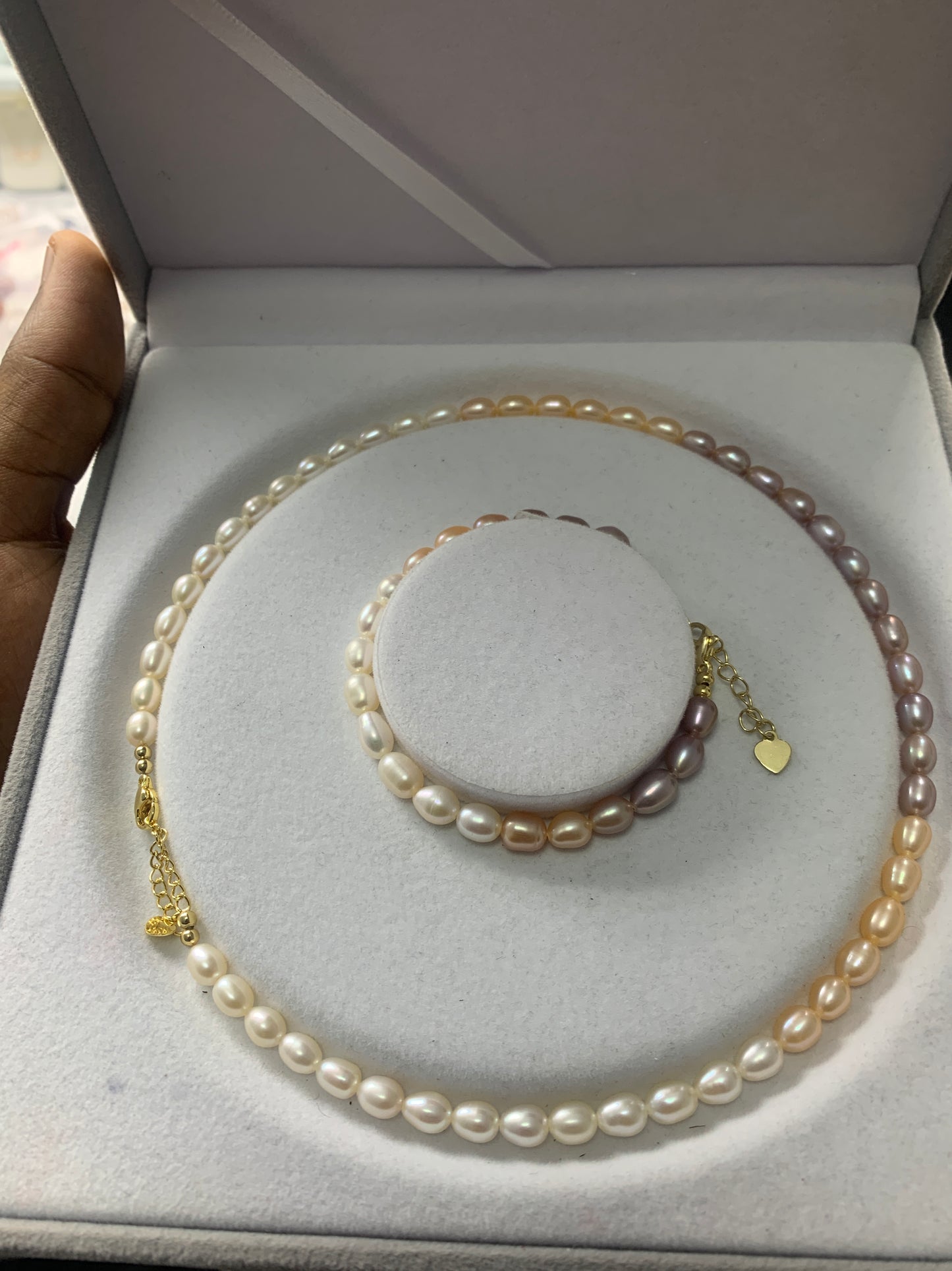 S925 Necklace + Bracelet SET Natural Freshwater Pearl ( White, Purple, Rainbow )