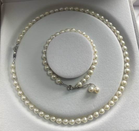 S925 Necklace + Bracelet SET Natural Freshwater Pearl ( White, Purple, Rainbow )